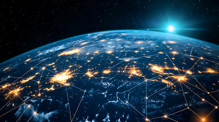 A futuristic depiction of a connected world, with glowing lines and dots representing network connections.