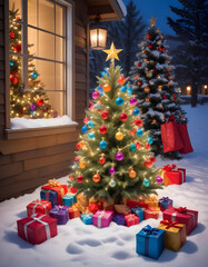 A traditional Christmas tree with colorful ribbons in a snowy village street at night , with A Christmas tree decorated with colorful ornaments and lights , surrounded by gi and toys in the foreground