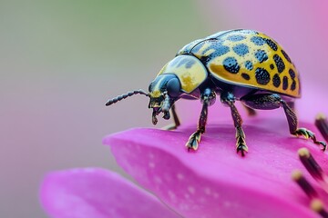 Naklejka premium Macro Photography of a Colorful Spotted Beetle on a Pink Flower Petal