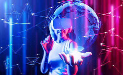 Female stand surrounded by neon light wear white VR headset and tank top connecting metaverse, future cyberspace community technology, She holding and watch 3D global picture hologram. Hallucination.