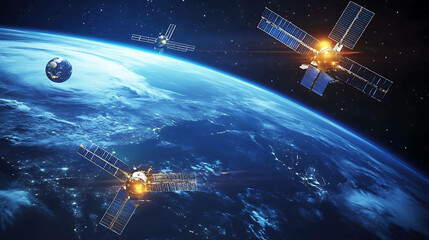 A stunning view of Earth from space with three satellites orbiting the planet.