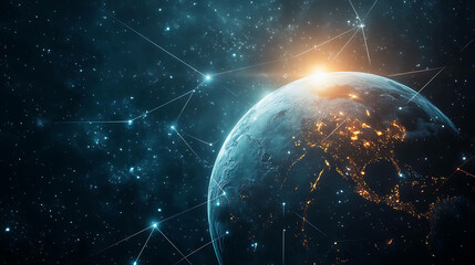 Obraz premium Earth seen from space, glowing with city lights, connected by lines.