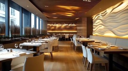 Modern restaurant interior with wooden ceiling, white chairs, and large windows.