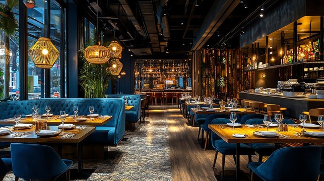 Modern restaurant interior with dark wood floors, blue banquettes, and warm lighting.