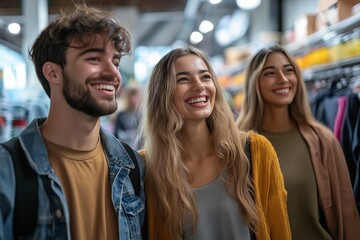Fototapeta premium smiling girl shopping in supermarket with friends on the blurred background