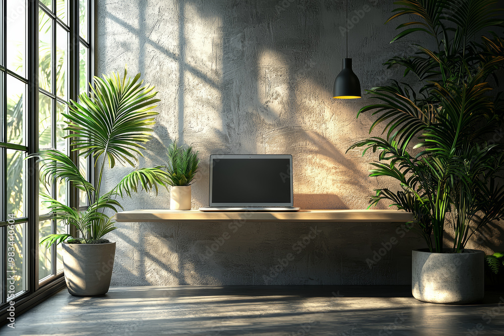 Poster a minimalist workspace featuring a clean desk with a single laptop and a potted plant. concept of si
