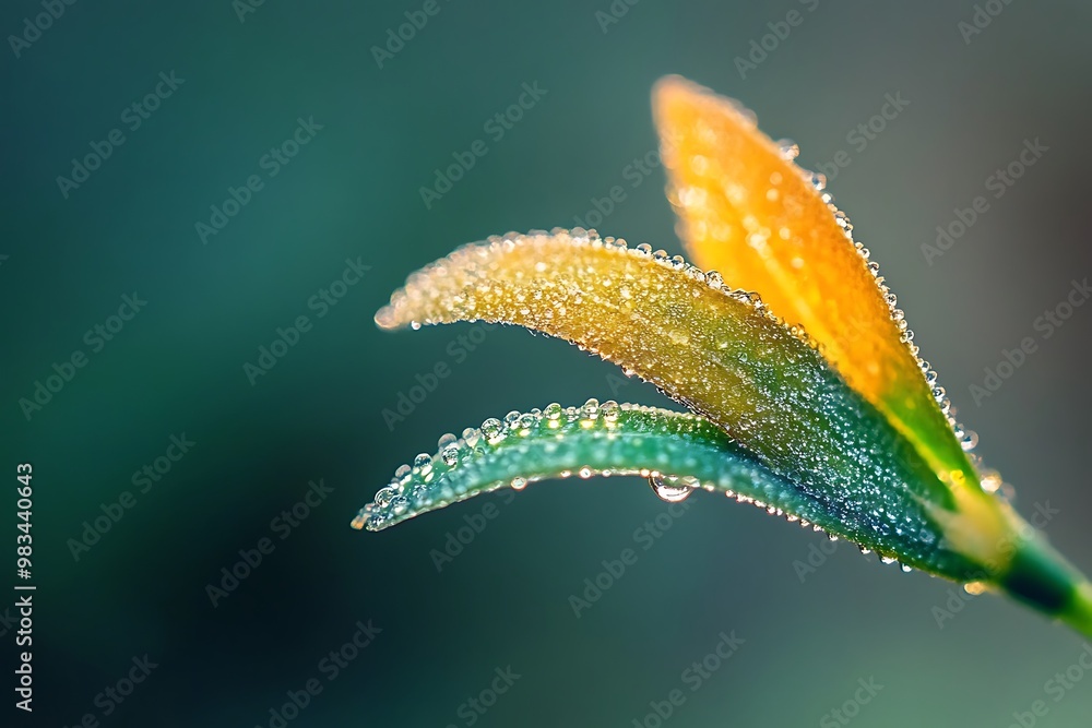 Poster Closeup of Dewdrops on Green and Yellow Leaf