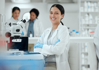 Laboratory, scientist or woman in portrait with arms crossed for science, medical expert and microbiology study. Career, female biologist or doctor with confidence for experiment, research and happy