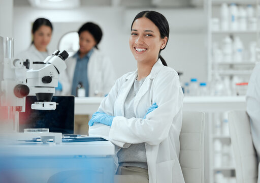 Laboratory, scientist or woman in portrait with arms crossed for science, medical expert and microbiology study. Career, female biologist or doctor with confidence for experiment, research and happy