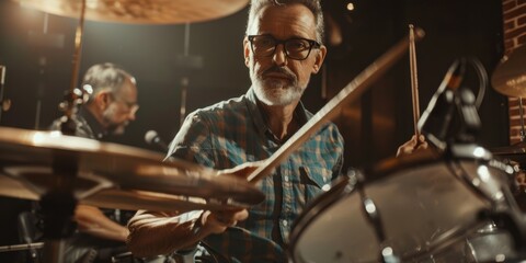 A middle-aged man hitting the drums in a music studio