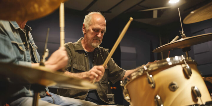 A middle-aged man hitting the drums in a music studio