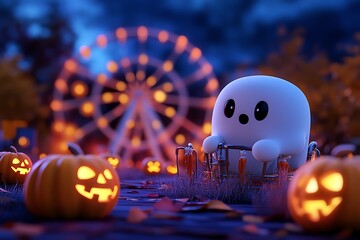 Spoopy haunted carnival, with cute ghosts riding the ferris wheel and jack-oâ€™-lanterns lighting up the night