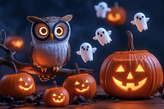Spoopy owl sitting on a branch, with glowing pumpkins and cute ghosts floating around