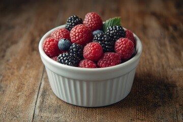 A bowl of fresh raspberries, blackberries, and blueberries on a wooden table