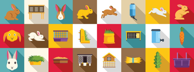 Rabbit breeding icons set. Rabbit farming and breeding icons showing domesticated rabbits with food, cages and farm equipment