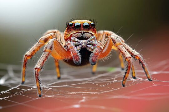 Spoopy spider with a bow tie, smiling while hanging from a colorful web
