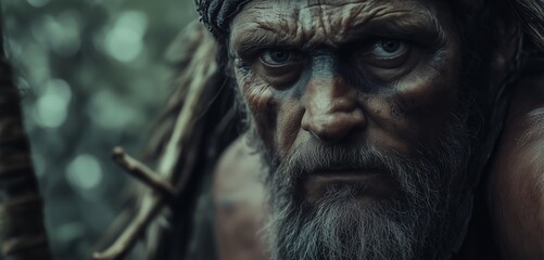 Intense close-up of a weathered warrior in a forest setting during twilight, displaying determination and strength amidst nature