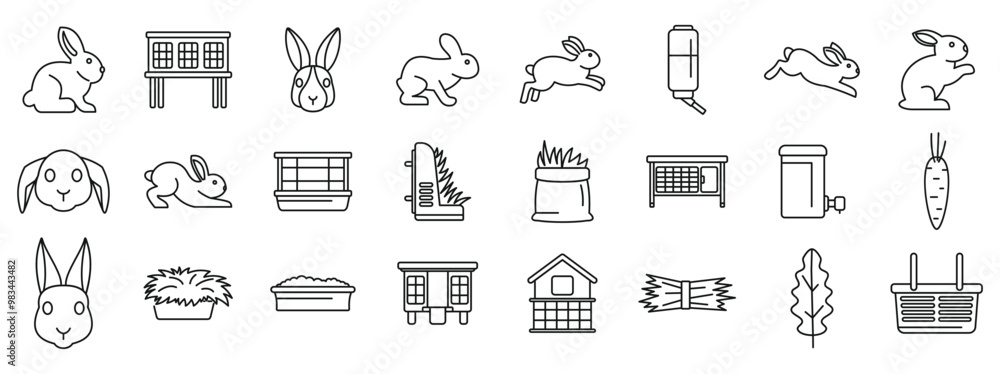 Poster rabbit breeding icons set. domestic rabbit breeding and keeping line icons set featuring different r