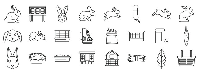 Rabbit breeding icons set. Domestic rabbit breeding and keeping line icons set featuring different rabbit breeds, cages, and accessories