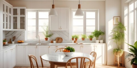 Cozy modern kitchen room. Sunny day, big windows, white and wooden furniture, green potted plants
AI generated.