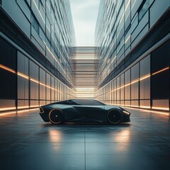 Obraz premium Sleek Black Sports Car in Modern Urban Setting
