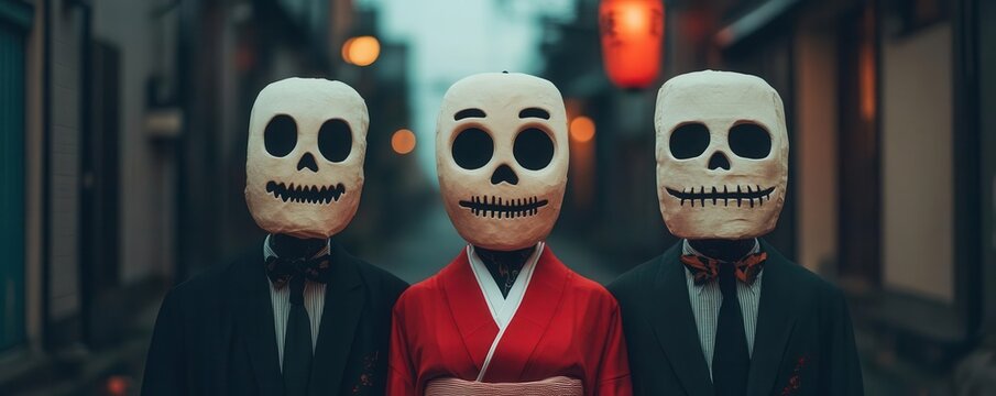 Ghosts from Japanese folklore mingling with Halloween ghouls during a nighttime Obon festival close up - Spirits of two worlds meeting - surreal - Fusion - Dark alley backdrop