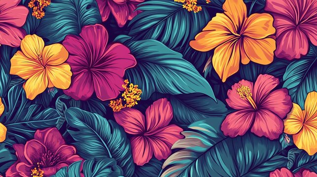 Vibrant tropical floral seamless pattern with pink and yellow hibiscus flowers and green leaves.
