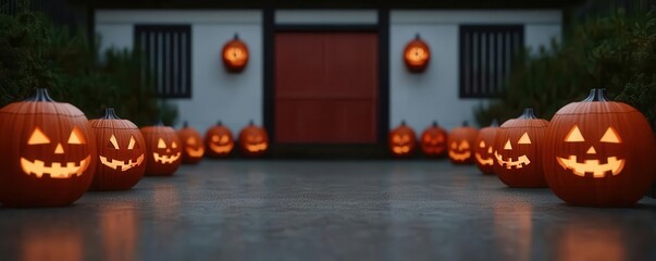 Obraz premium Japanese temple decorated with Obon lanterns and Halloween jack-o'-lanterns focus on - Blending traditions of the past and present - surreal - Fusion - Temple courtyard backdrop