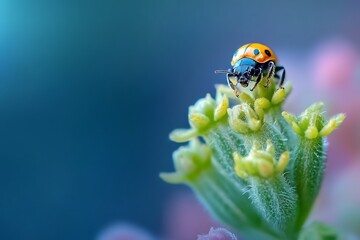 Closeup of ladybug on green bud with blue and pink background