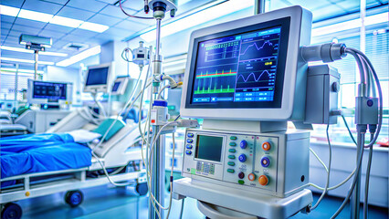 A modern hospital room featuring a medical monitor displaying vital signs near an empty patient bed.