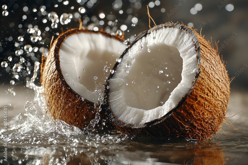 Wall mural two halves of a coconut splashing in water