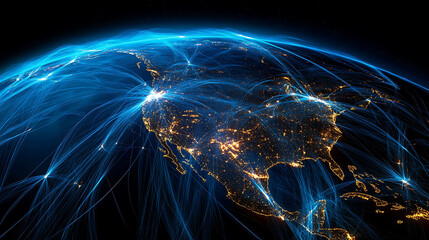 Glowing blue lines connecting cities across North America.