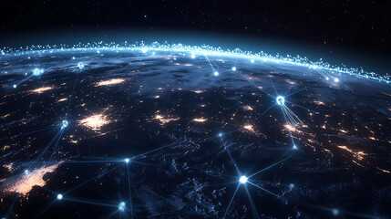 A 3D rendering of Earth at night with glowing lines connecting major cities around the world.