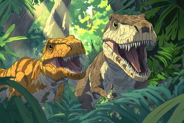 Naklejka premium Two Dinosaurs in a Lush Jungle