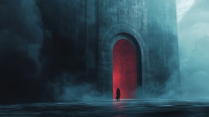 Mysterious figure approaching a grand, red-lit archway in a foggy, desolate landscape at dusk