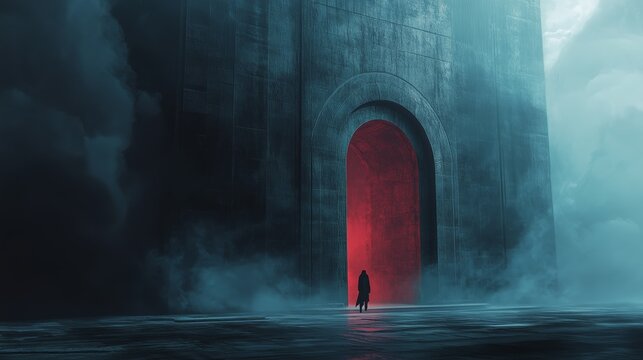 Mysterious figure approaching a grand, red-lit archway in a foggy, desolate landscape at dusk