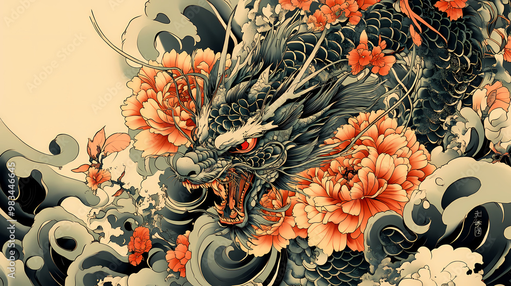 Wall mural Traditional japanese yakuza tattoo with flowers and dragon, generative ai. Tattoo Art. Illustration