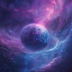 Naklejka premium Vibrant Cosmic Scene with a Planet Surrounded by Nebulae