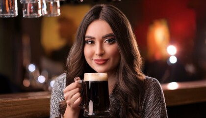 beautiful young woman in pub drinks beer, AI generated