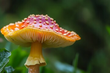 Close up of a vibrant red and white spotted fly agaric mushroom growing in a forest