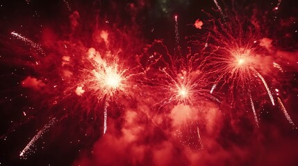 Fototapeta premium Vibrant red fireworks bursting in the night sky, creating a festive atmosphere.