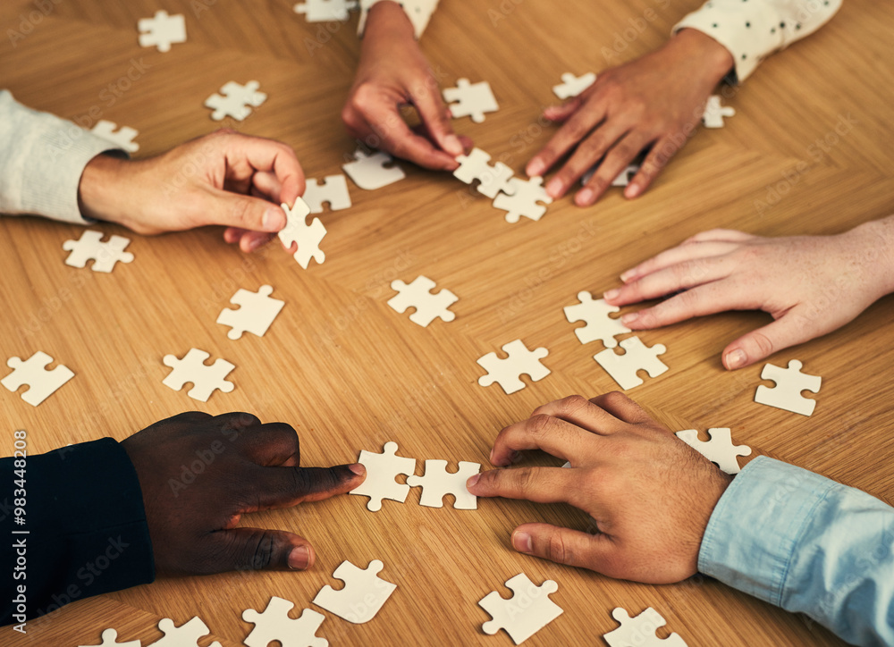 Aufkleber Hands, group and puzzle for problem solving in office with synergy, collaboration and challenge at company. Business people, solution and jigsaw with team building, circle or creative agency