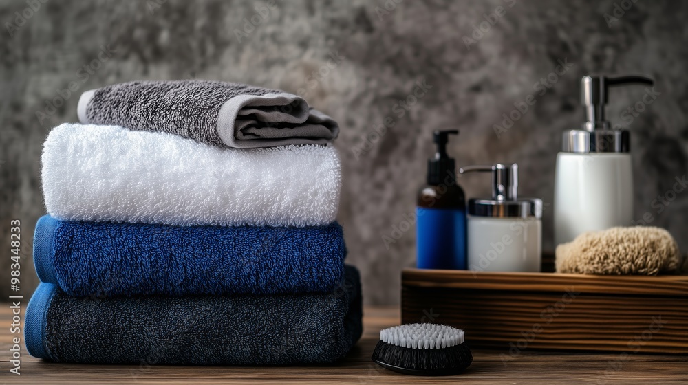 Aufkleber neatly stacked towels in varying colors with skincare products displayed on a wooden tray in a seren