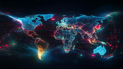 Obraz premium An abstract, digitally rendered world map with glowing lines and dots, representing a global network.