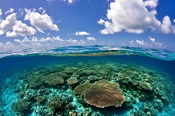 An expansive coral plateau, covered in diverse coral species, stretching across the ocean floor