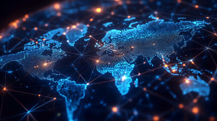 Abstract digital world map with glowing lines connecting cities and countries.