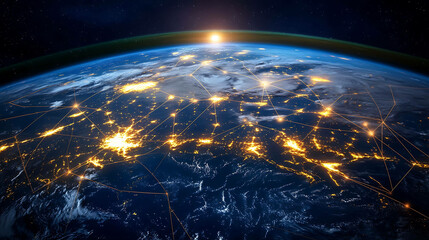 A beautiful view of Earth from space, showing city lights connected by glowing lines, representing global connectivity.