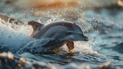 Wild bottlenose dolphin swimming just below the blue sea surface in crystal-clear water. Ideal for marine wildlife, underwater photography, ocean life, and aquatic-themed visuals