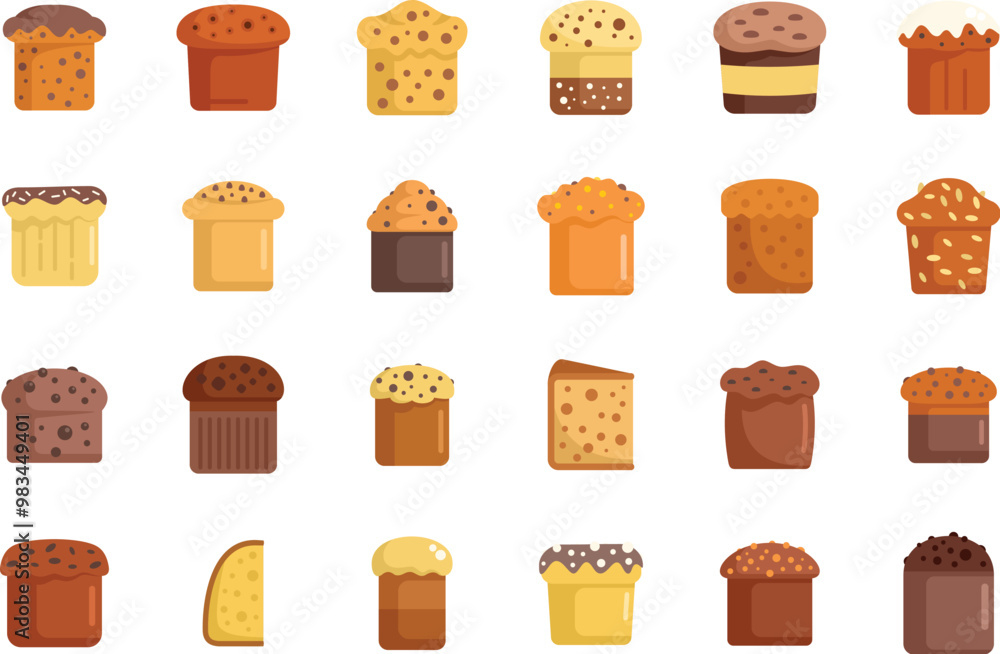 Poster set of icons showing various types of easter bread, featuring different toppings and decorations