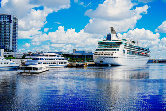 Tampa, FL, USA - 09 19 2024: Tampa cruise port and downtown landscape